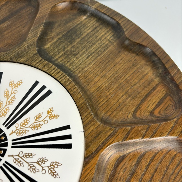 Lazy Susan Walnut Wood Gold Wheat Tile 14” Tabletop Turntable MCM Serving Tray - Picture 8 of 16